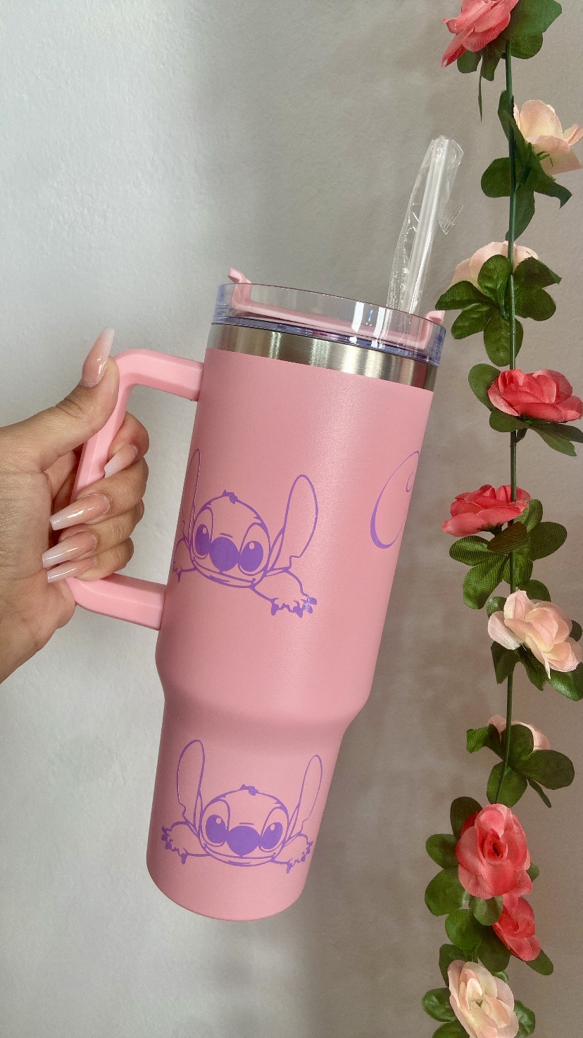 Vaso térmico de acero inoxidable de 1200 ml , con pajita y doble pared . Para bebidas calientes y frías ROSA CLARO