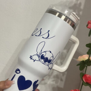 Alternative view of Vaso térmico de acero inoxidable de 1200 ml , con pajita y doble pared . Para bebidas calientes y frías BLANCO AZUL