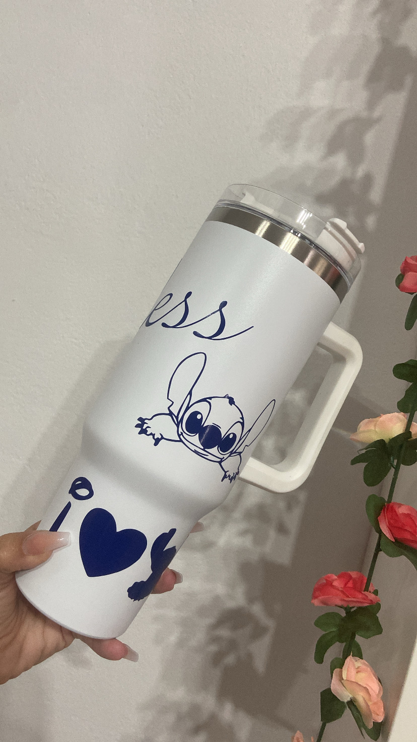 Vaso térmico de acero inoxidable de 1200 ml , con pajita y doble pared . Para bebidas calientes y frías BLANCO AZUL - Imagen 2