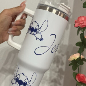 Vaso térmico de acero inoxidable de 1200 ml , con pajita y doble pared . Para bebidas calientes y frías BLANCO AZUL