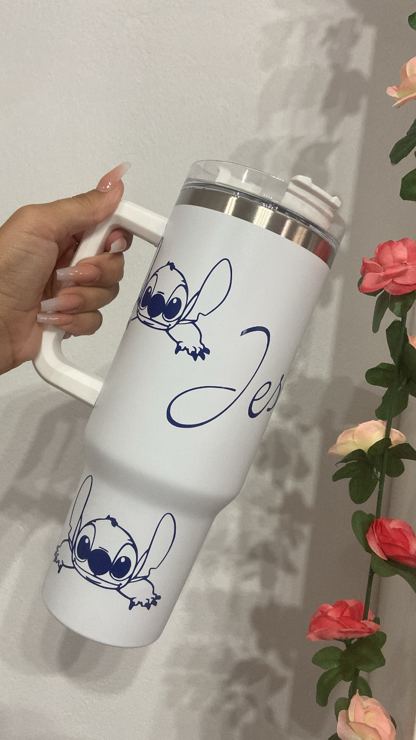 Vaso térmico de acero inoxidable de 1200 ml , con pajita y doble pared . Para bebidas calientes y frías BLANCO AZUL