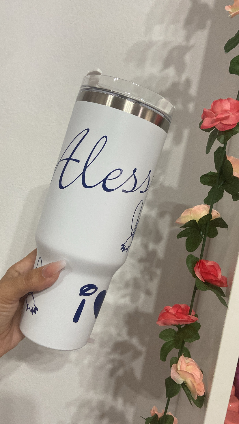 Vaso térmico de acero inoxidable de 1200 ml , con pajita y doble pared . Para bebidas calientes y frías BLANCO AZUL - Imagen 3