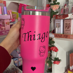 VASO TÉRMICO DE ACERO INOXIDABLE DE 1200 ml CON PAJITA Y DOBLE PARED . PARA BEBIDAS CALIENTES Y FRÍAS ROSA KITTY