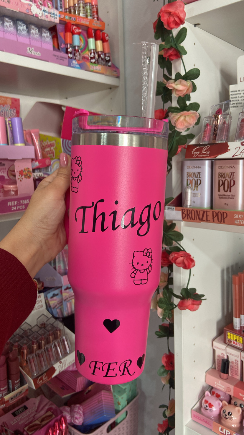 VASO TÉRMICO DE ACERO INOXIDABLE DE 1200 ml CON PAJITA Y DOBLE PARED . PARA BEBIDAS CALIENTES Y FRÍAS ROSA KITTY