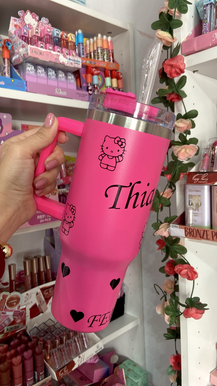 VASO TÉRMICO DE ACERO INOXIDABLE DE 1200 ml CON PAJITA Y DOBLE PARED . PARA BEBIDAS CALIENTES Y FRÍAS ROSA KITTY - Imagen 2