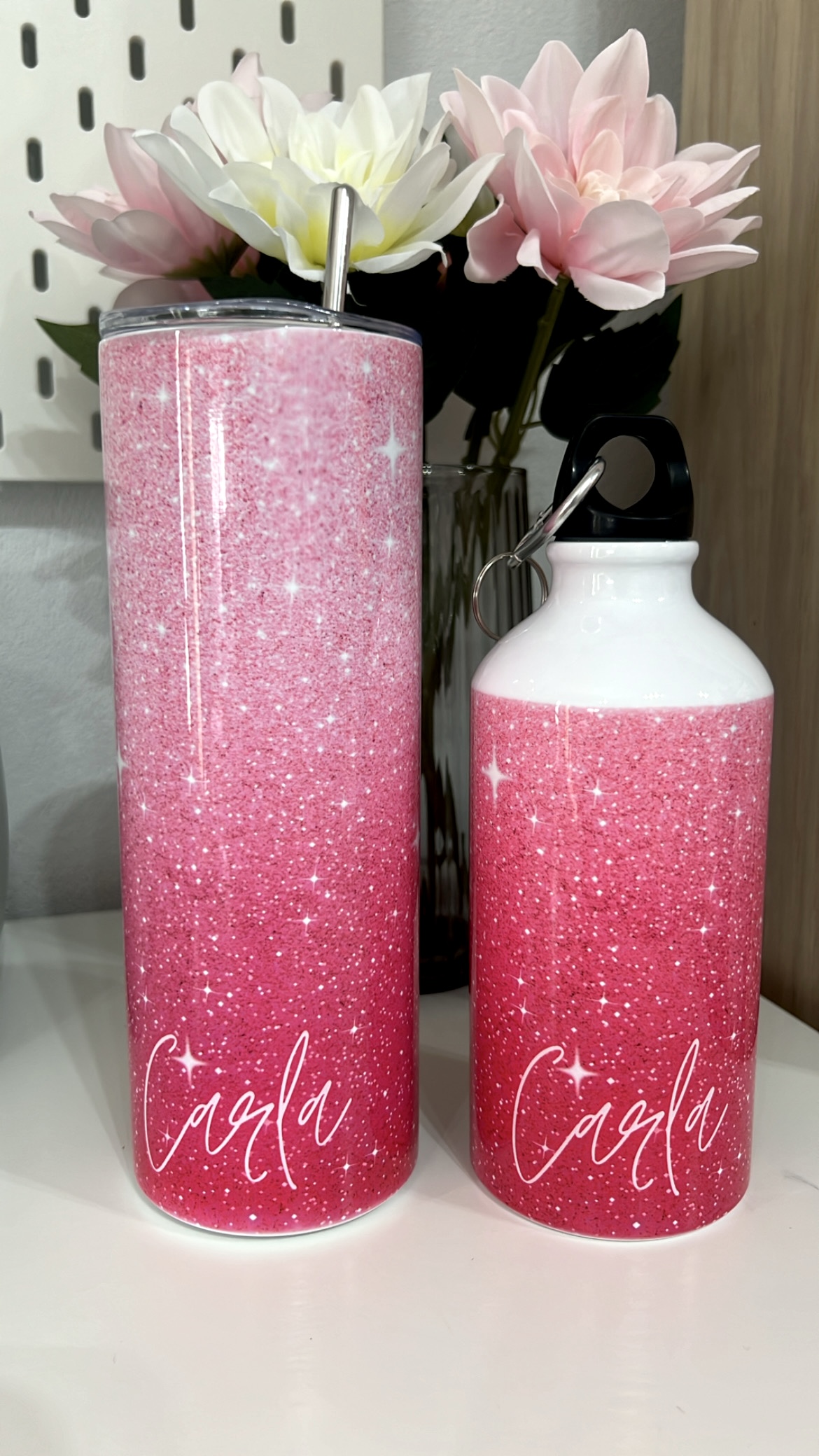 TUMBLER 600 ml Rosa purpurina + Botella 500 ml Aluminio