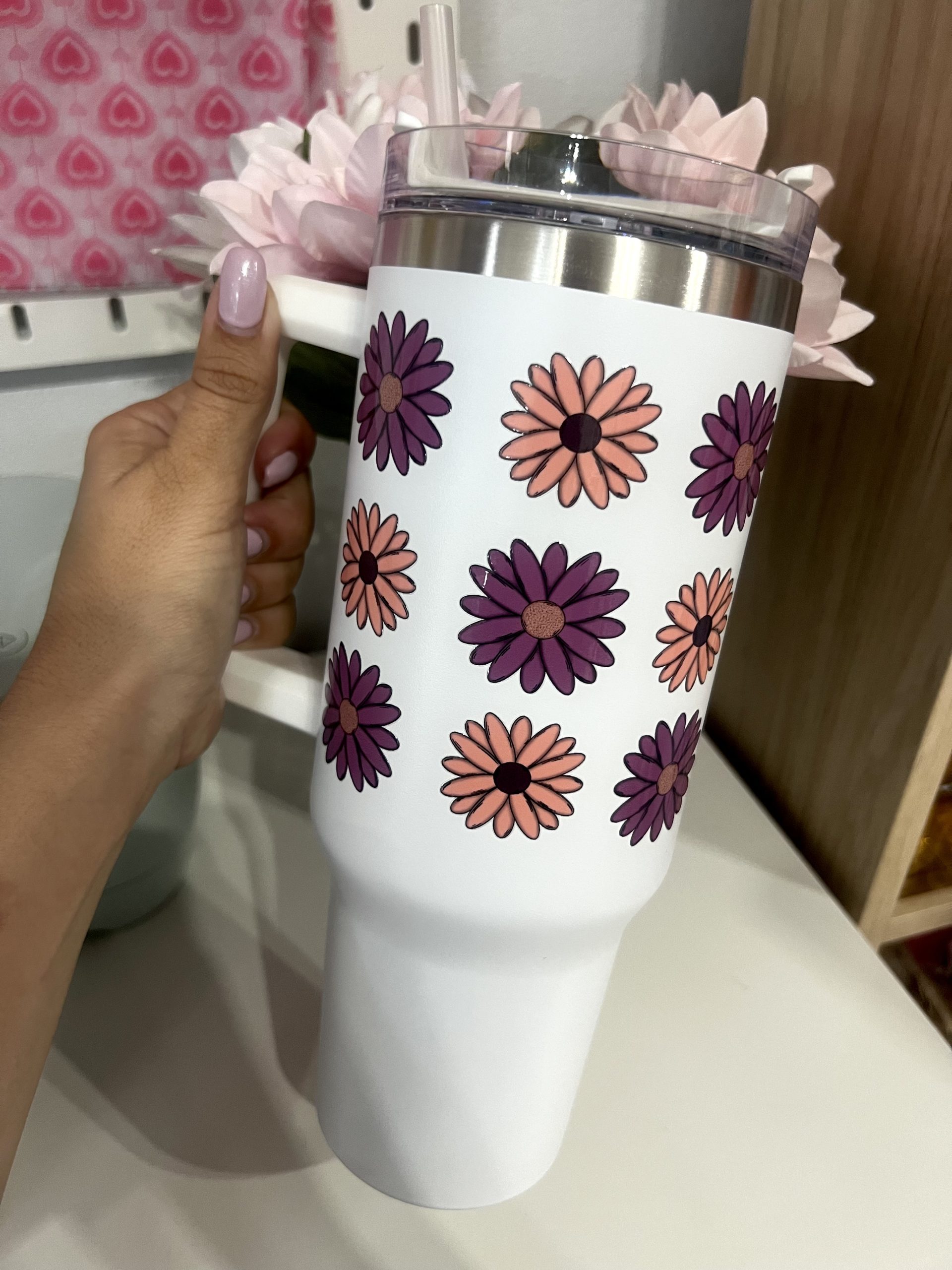 Vaso térmico de acero inoxidable de 1200 ml , con pajita y doble pared . Para bebidas calientes y frías FLORES
