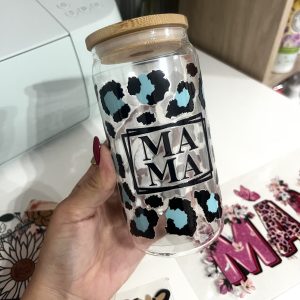 TAZA DE VIDRIO 550 ML MAMÁ ANIMAL PRINT AZUL