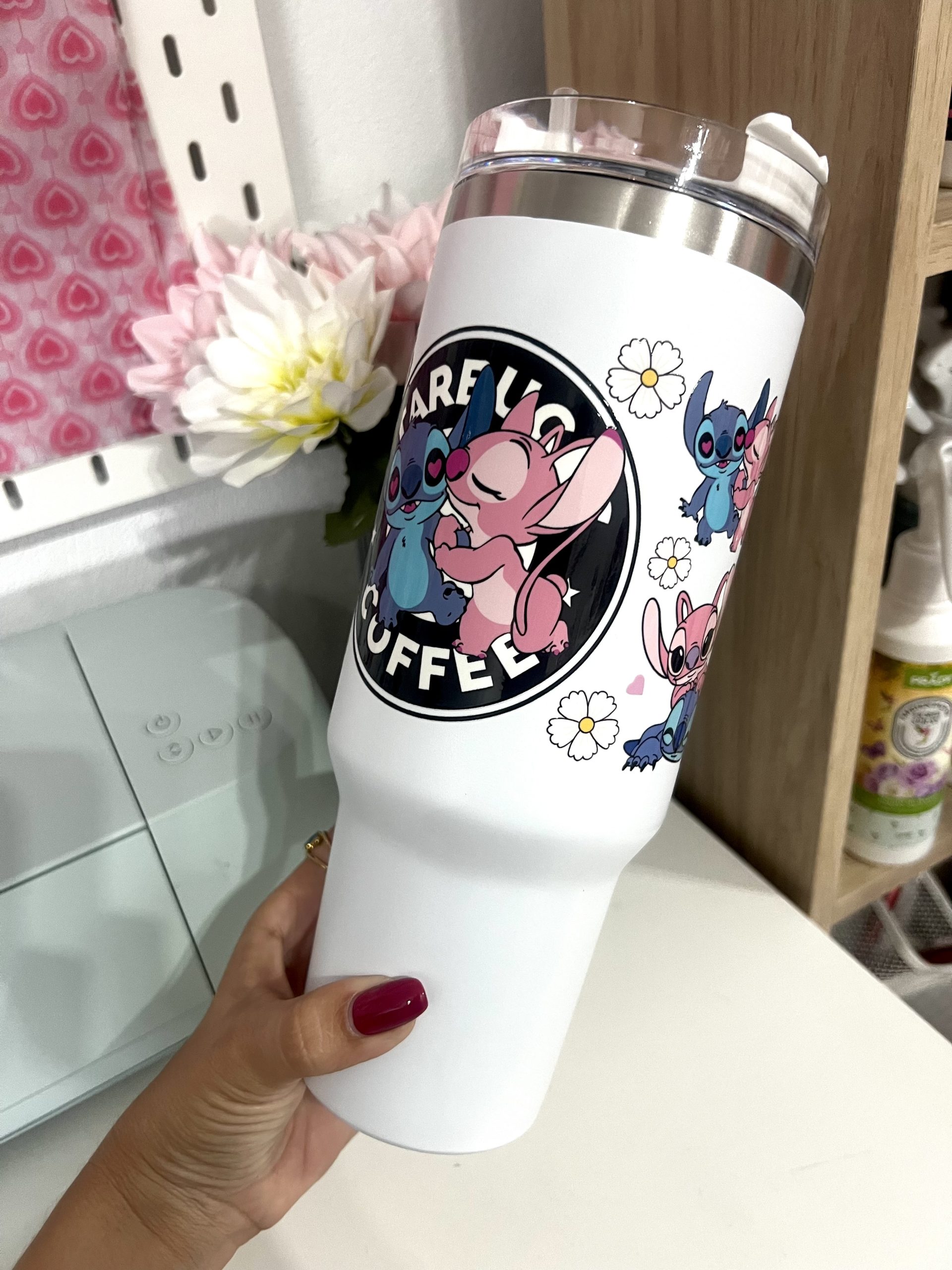 Vaso térmico STITCH de acero inoxidable de 1200 ml , con pajita y doble pared . Para bebidas calientes y frías