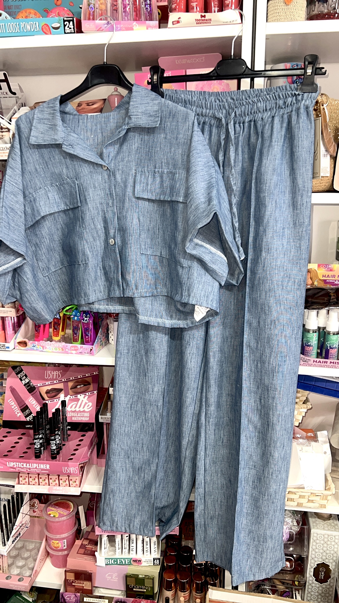 CONJUNTO LINO 2 PIEZAS TALLA UNICA - DESDE UN XS HASTA UNA TALLA l/XL APROX. (COLOR VAQUERO)