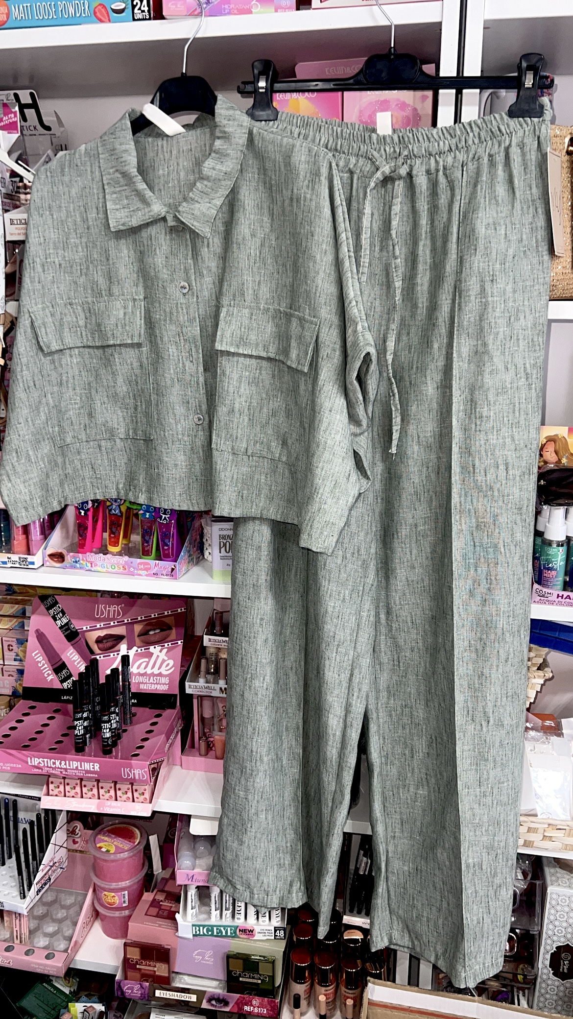 CONJUNTO LINO 2 PIEZAS TALLA UNICA - DESDE UN XS HASTA UNA TALLA L/XL APROX. (COLOR VERDE)