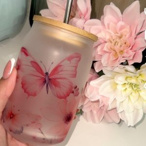 TAZA DE VIDRIO 400 ML (MARIPOSA ROSA)